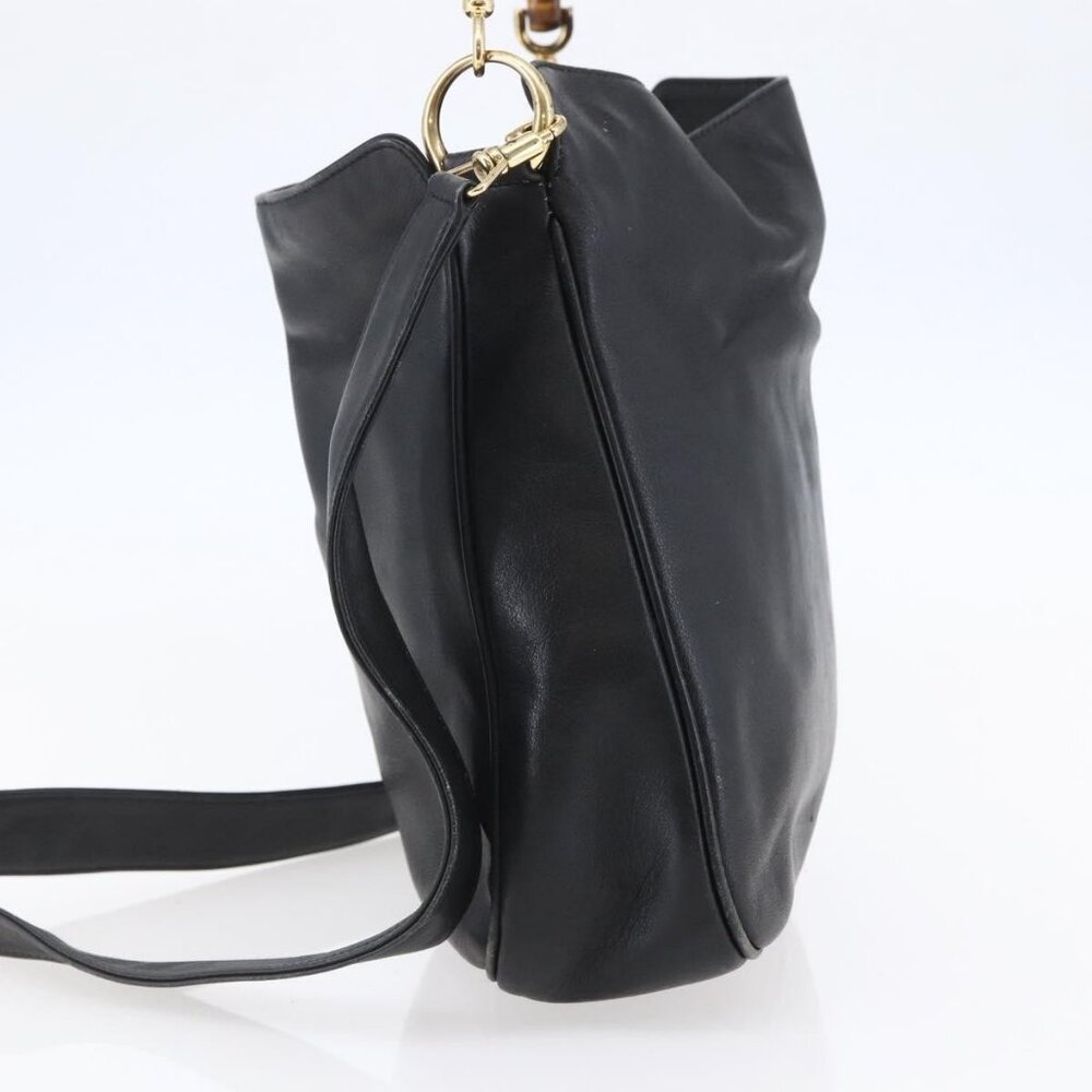 GUCCI Bamboo Shoulder Bag Leather 2way Black Gold Auth - Picture 5 of 16